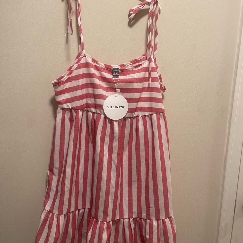 SHEIN Red and White Ruffled Tiered Sundress
